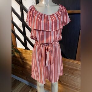 She and Sky salmon dress with white  stripes size L summer dress